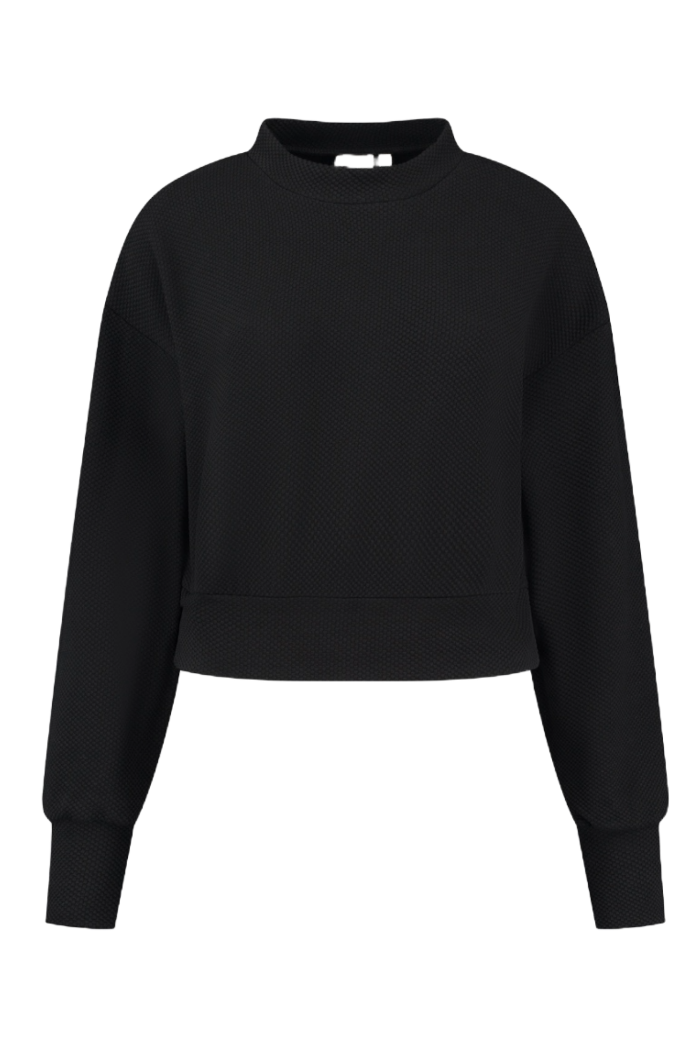 A black cropped sweatshirt with lowered shoulder seams and a honeycomb fabric texture.