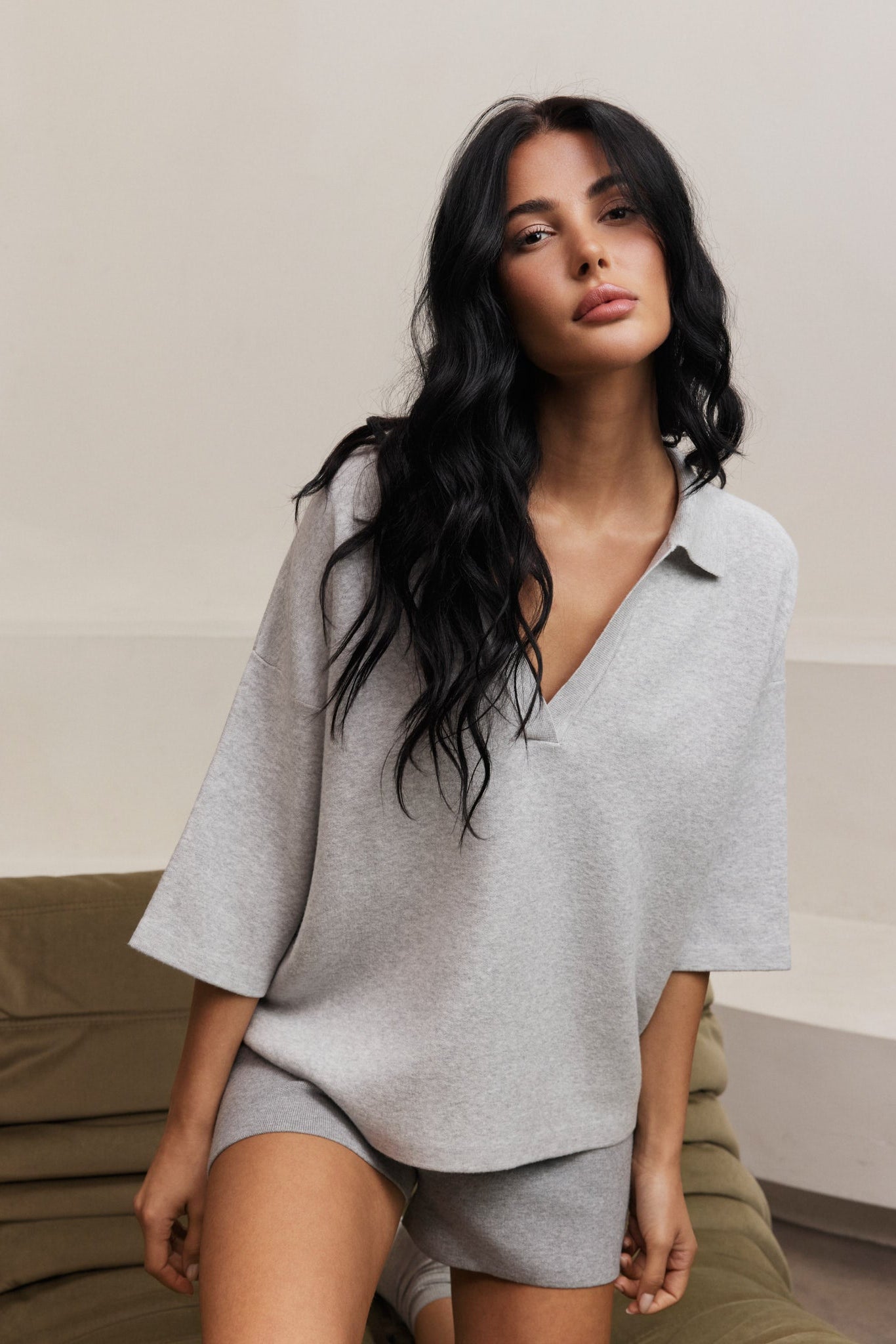 Olly V Neck Top - Grey Melange