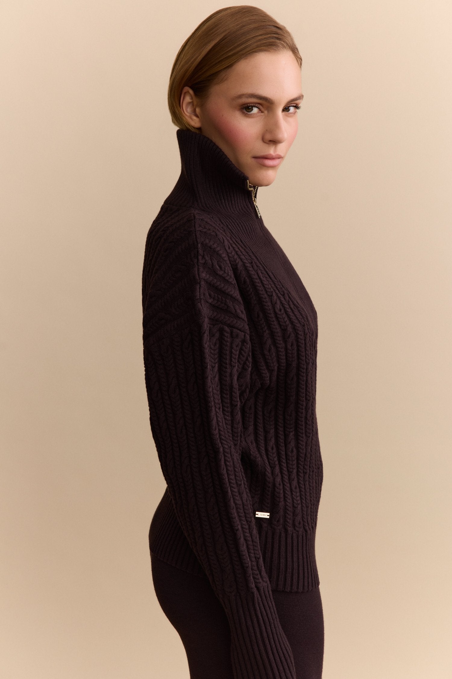 Olly Cable Knit Half Zip Sweater -  Dark Espresso