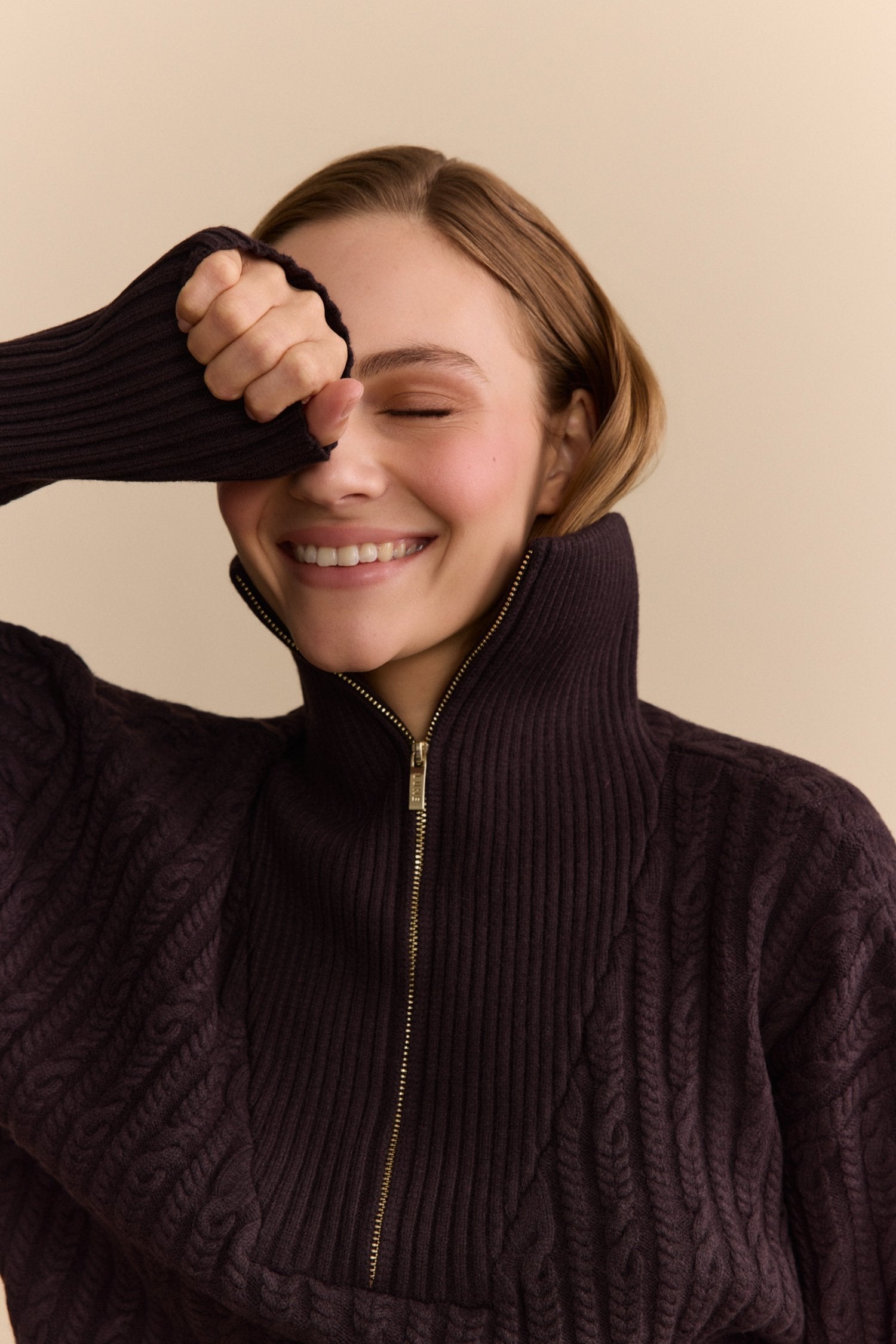 Olly Cable Knit Half Zip Sweater -  Dark Espresso